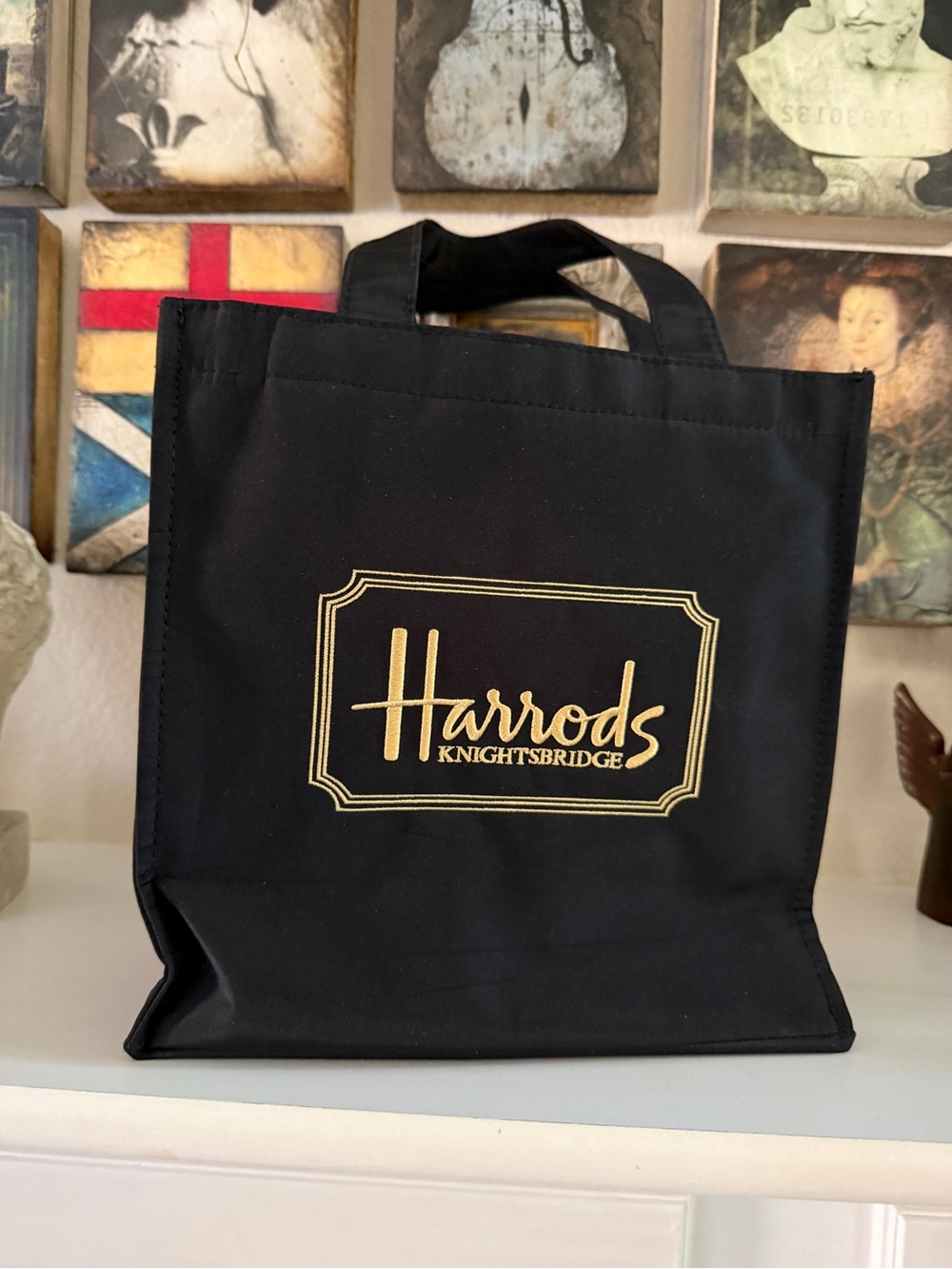 Harrods Nylon Tote Bag 10x10 Gold Embossed Logo Shopper Travel Bag - Picture 4 of 10